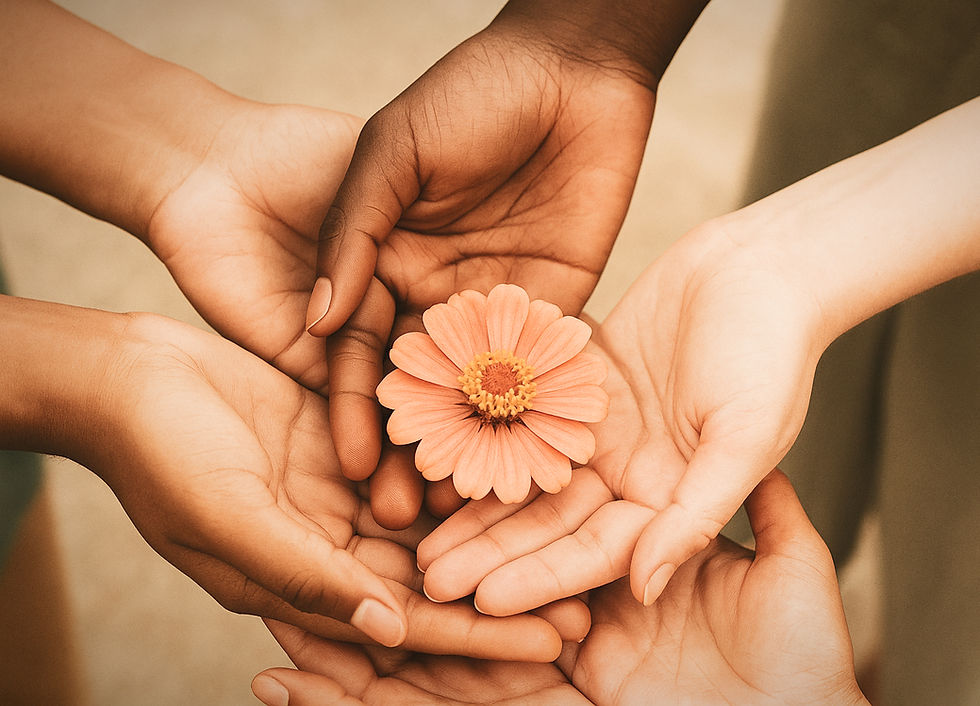 Diverse hands holding flower at the center