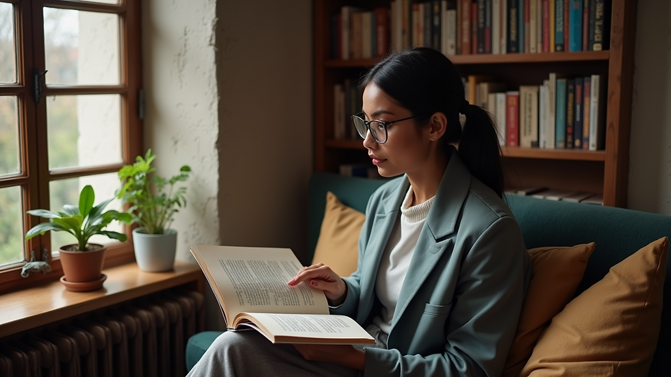 High angle view of a therapist referring to a multicultural book in a cozy reading nook