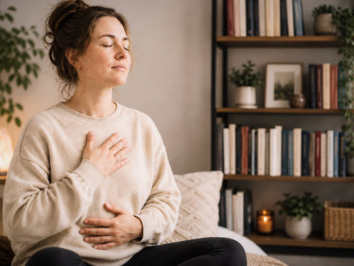 Person sitting calmly indoors with hands on chest, focusing on body awareness.