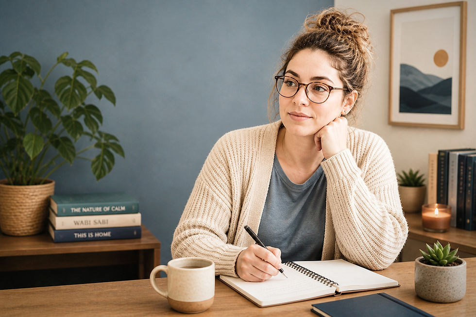 White woman writing in calm workspace with blue and earth tones.