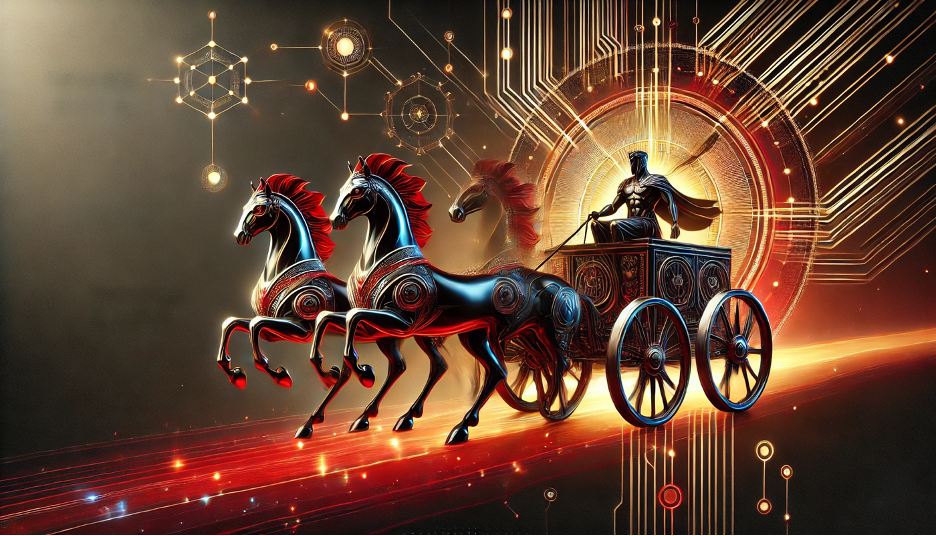 Futuristic depiction of a mythological chariot with a glowing digital sun behind it. A powerful figure rides a high-tech chariot pulled by three armored horses with red manes, set against a background of glowing circuitry and data nodes.