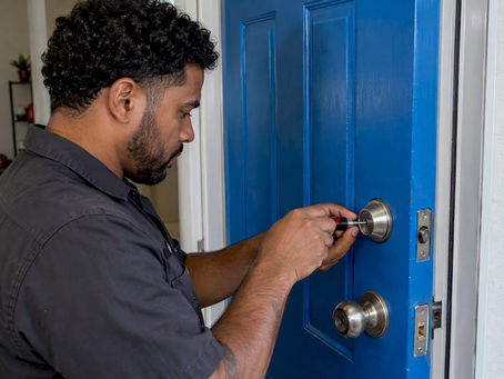 Locksmith rekeying a rental apartment door