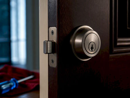 Close-up of deadbolt hardware on front door