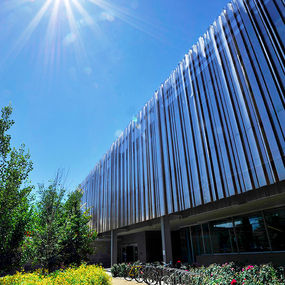 Modern Montana commercial building with vertical metal facade and landscaped walkway.