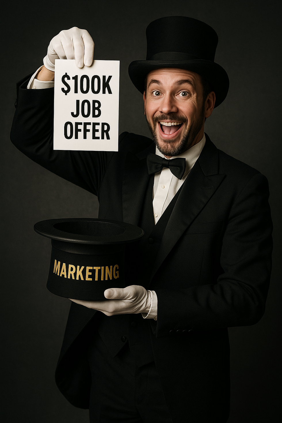 A magician in a tuxedo smiles widely as he pulls a paper labeled “$100K Job Offer” out of a black top hat marked “Marketing,” symbolizing the illusion and manipulation often found in bootcamp advertising.