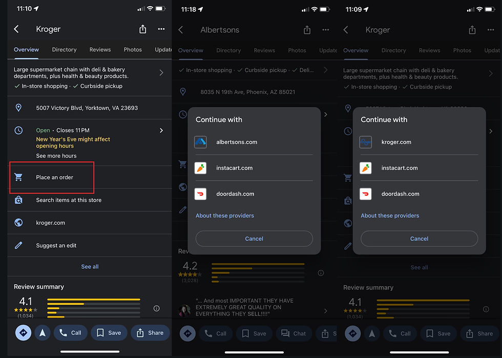 Three smartphone screenshots showing Google Maps listings for Kroger and Albertsons supermarkets, highlighting the 'Place an order' option and available delivery service providers like Instacart and DoorDash.
