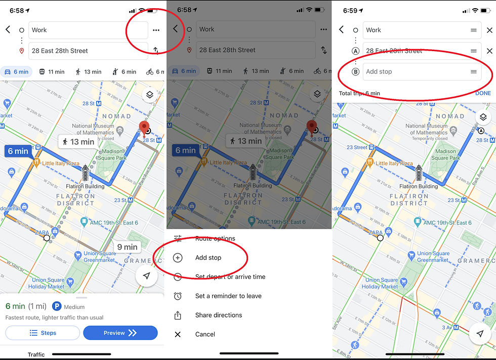 Three-step screenshot sequence showing how to add a stop in Google Maps: starting with the route overview, selecting the three-dot menu for route options, and adding an additional destination to the trip.