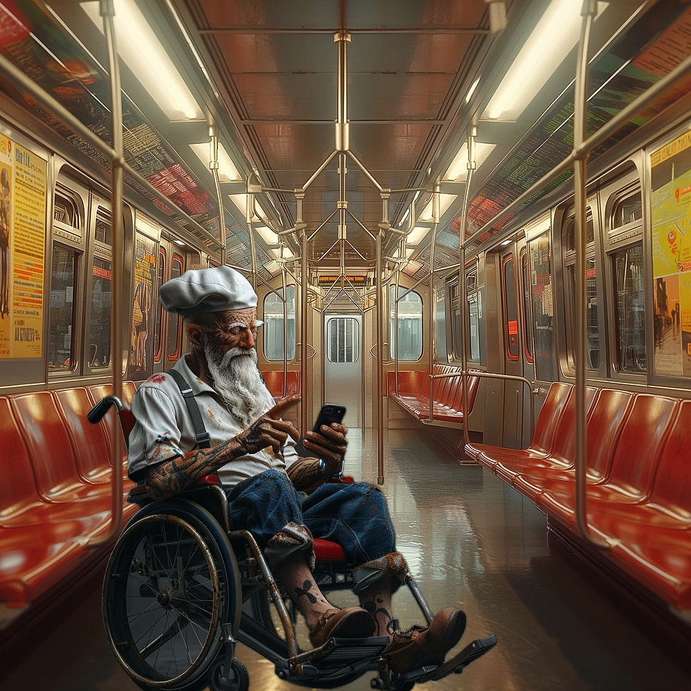 An elderly tattooed man in a sailor hat and wheelchair using a smartphone on an empty subway train, highlighting accessible city navigation.