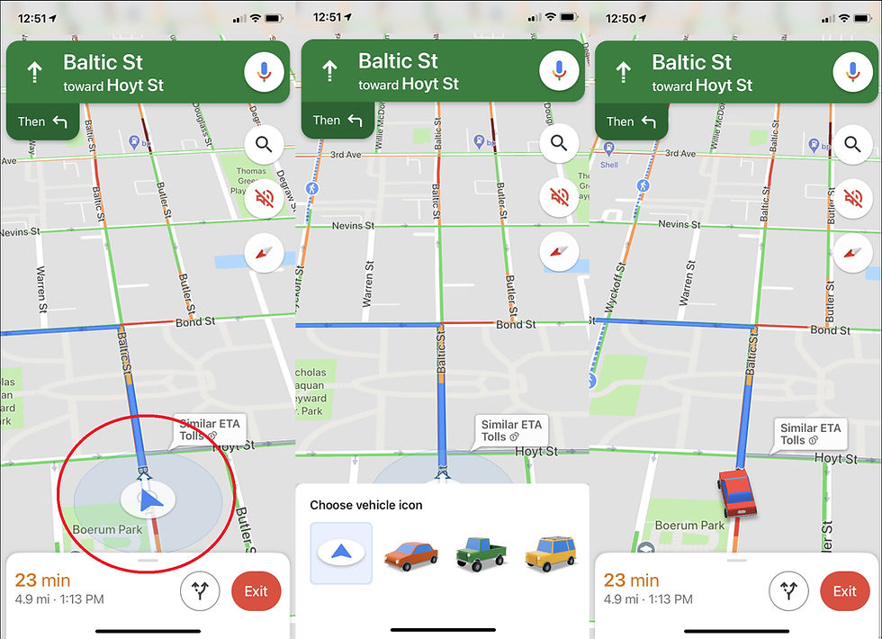 A three-step screenshot sequence from Google Maps showing the navigation interface on Baltic Street, the selection of different vehicle icons for customized navigation, and the chosen vehicle icon displayed on the map route.