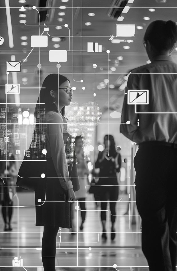 Black and white image of business professionals interacting in an office with digital communication icons overlay, representing modern corporate connectivity and network infrastructure.