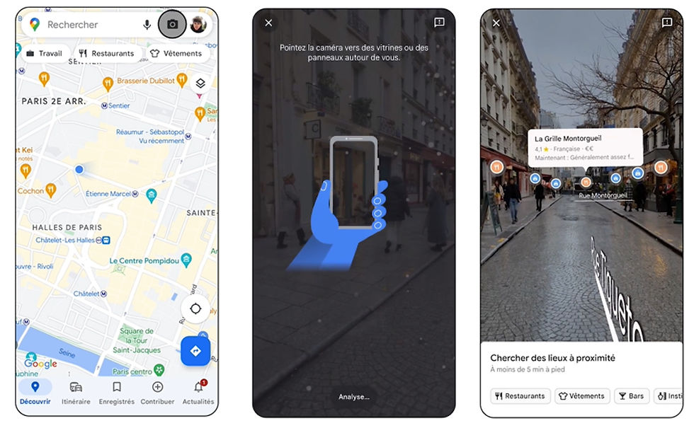 Three-panel screenshot demonstrating Google Maps’ features: a standard map view with location pins, AR navigation instructions, and a live view AR experience on a city street.