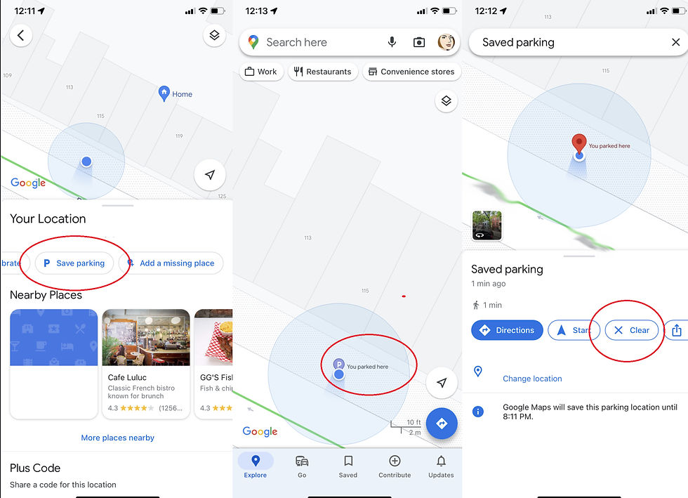 Three-step screenshot sequence from Google Maps on a smartphone, showing how to save a parking spot location, a pinpointed parking spot on the map, and options to clear or modify the saved parking details.