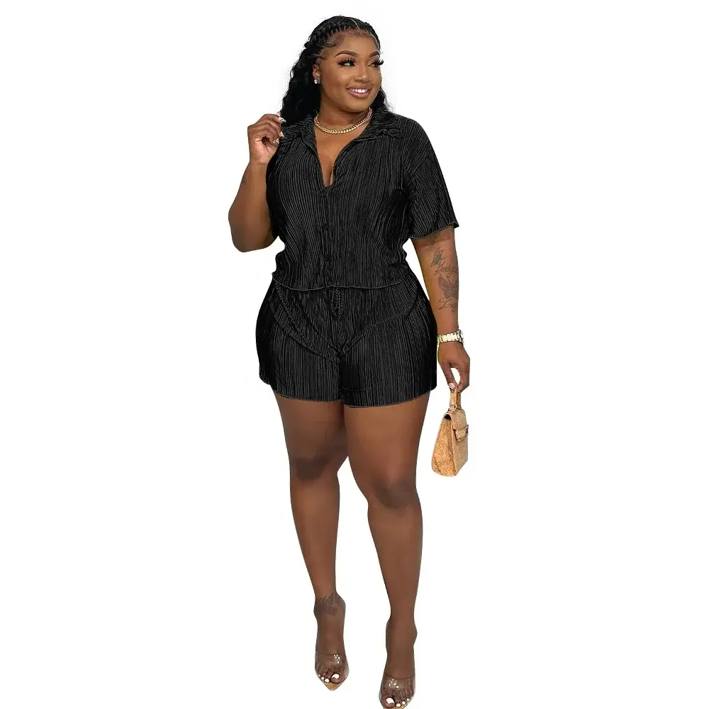 OUDINA Fashion Short-Sleeved Pleated Plus Size Casual Shorts Two Pieces