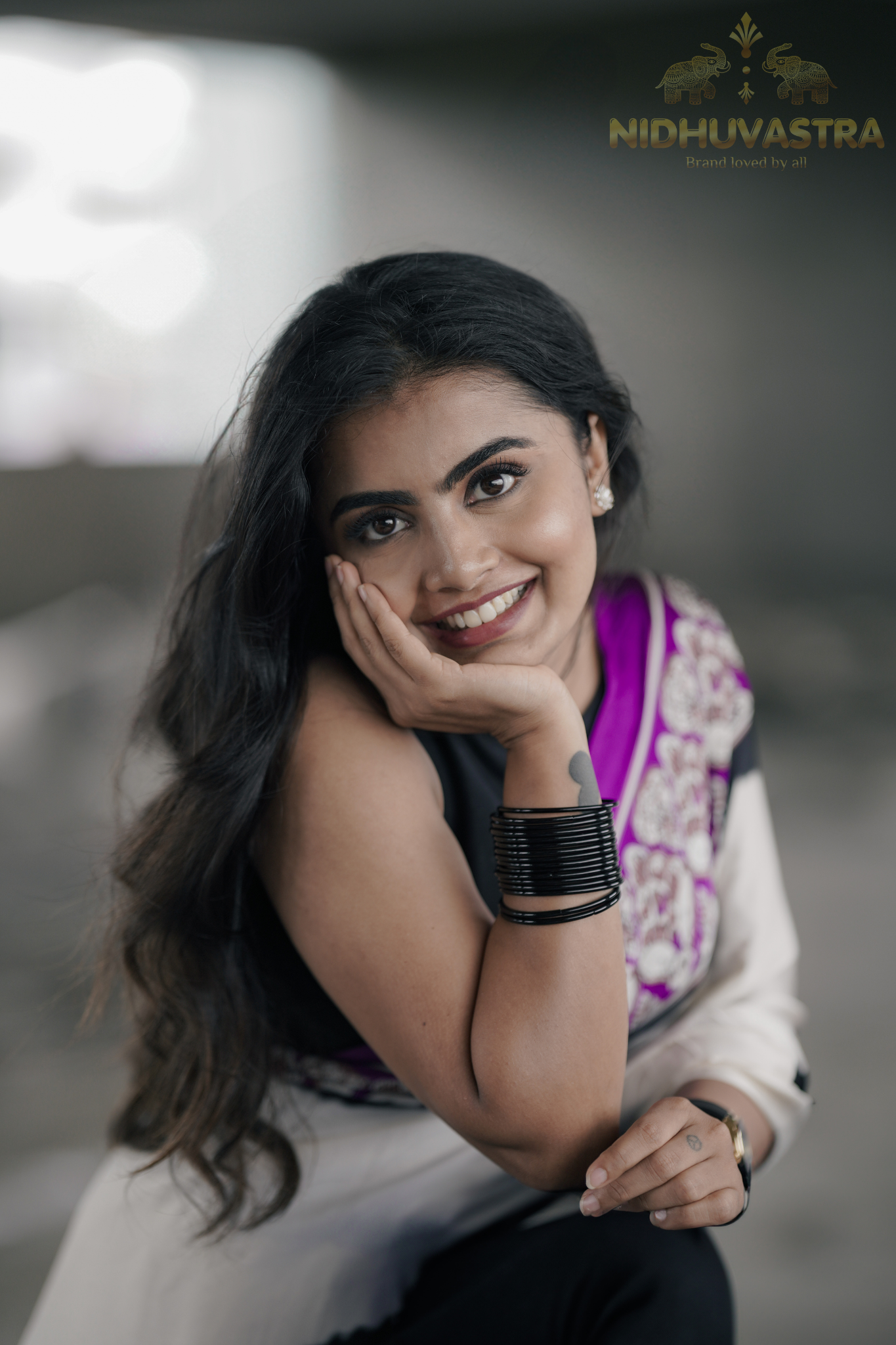 White and Purple fancy Ajrakh printed crepe silk saree [Product Code: 002]