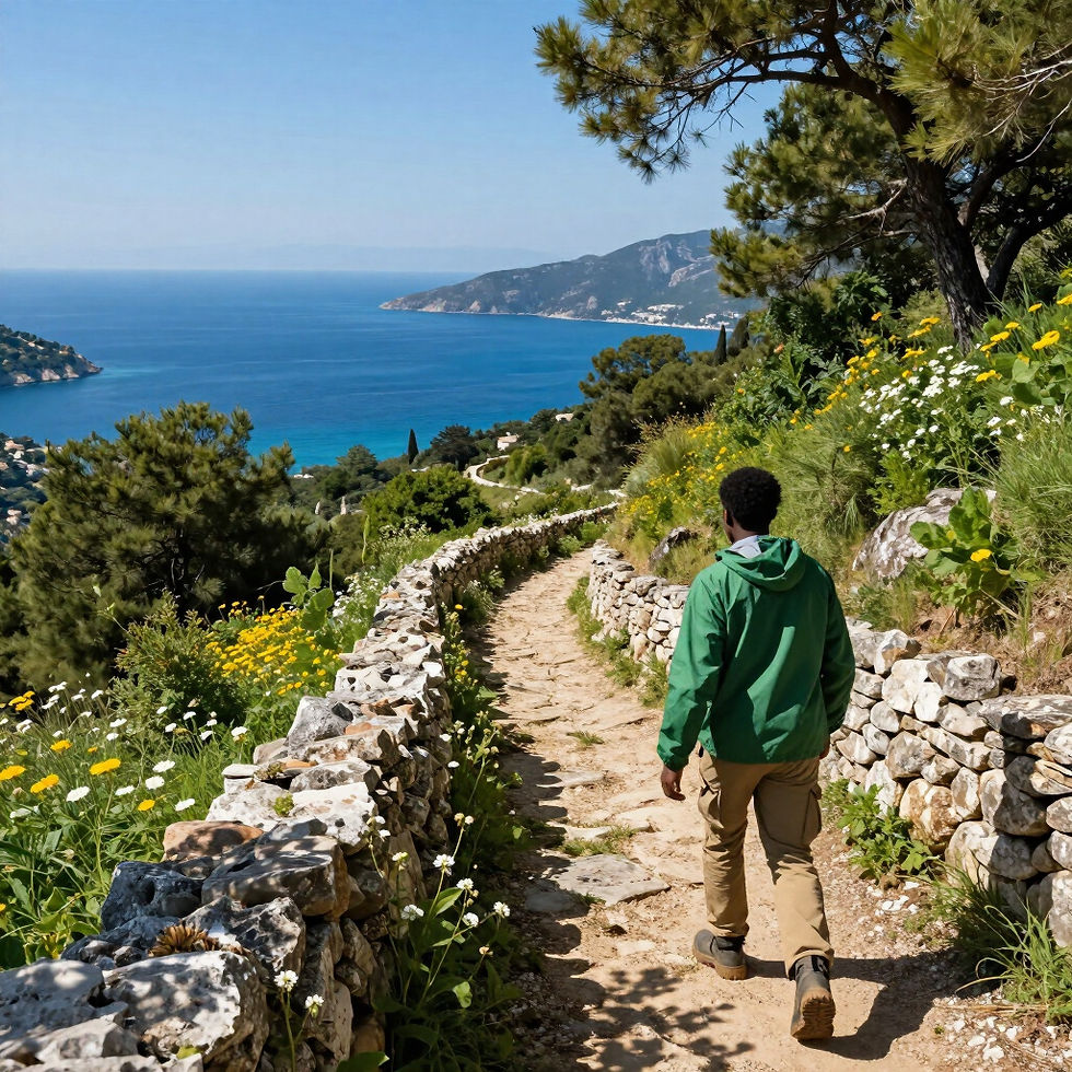 Hiker walking a wildflower-lined coastal stone path near Corfu
