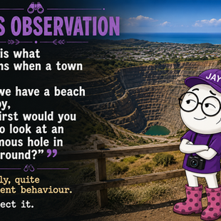 JAY standing beside the Martha Mine lookout in Waihī with a humorous observation about the town’s gold mining history and nearby beach
