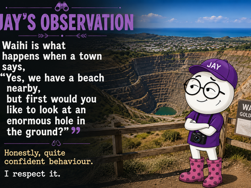 JAY standing beside the Martha Mine lookout in Waihī with a humorous observation about the town’s gold mining history and nearby beach