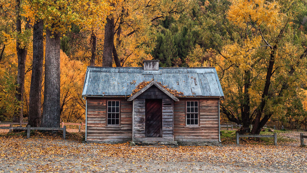 Much photograhed Arrowtown Postmaster's House: A classic timber-built historic cottage in Arrowtown, featuring a corrugated iron roof and set against a vibrant canopy of golden autumn trees.