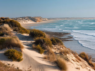 Sunset Robe Coastal Walk with lighthouse in background during sunrise, Limestone Coast, Guichen Bay, South Australia.