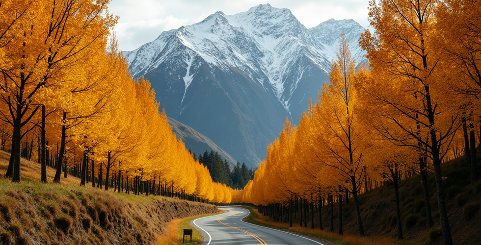 Autumn Alpine Road: A winding alpine road lined with vibrant golden poplar trees in full autumn color, leading toward snow-capped Southern Alps peaks.
