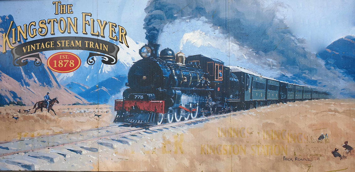 Picture yourself in the 10th century; Kingston Flyer Vintage Mural: A vintage-style mural of the Kingston Flyer steam train, established in 1878, set against a backdrop of snow-capped mountains.