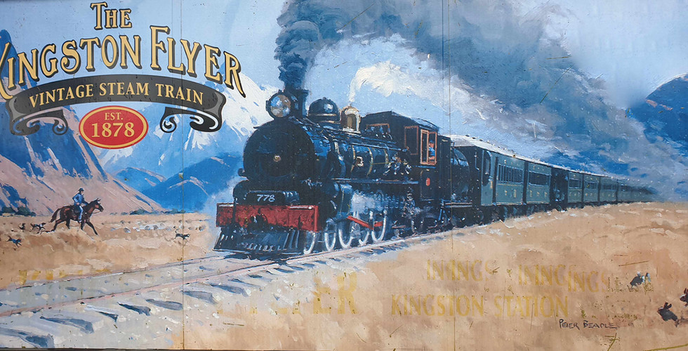 Picture yourself in the 10th century; Kingston Flyer Vintage Mural: A vintage-style mural of the Kingston Flyer steam train, established in 1878, set against a backdrop of snow-capped mountains.