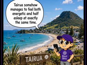 Jay at the summit of Mount Paku overlooking Tairua's ocean beach, Coromandel