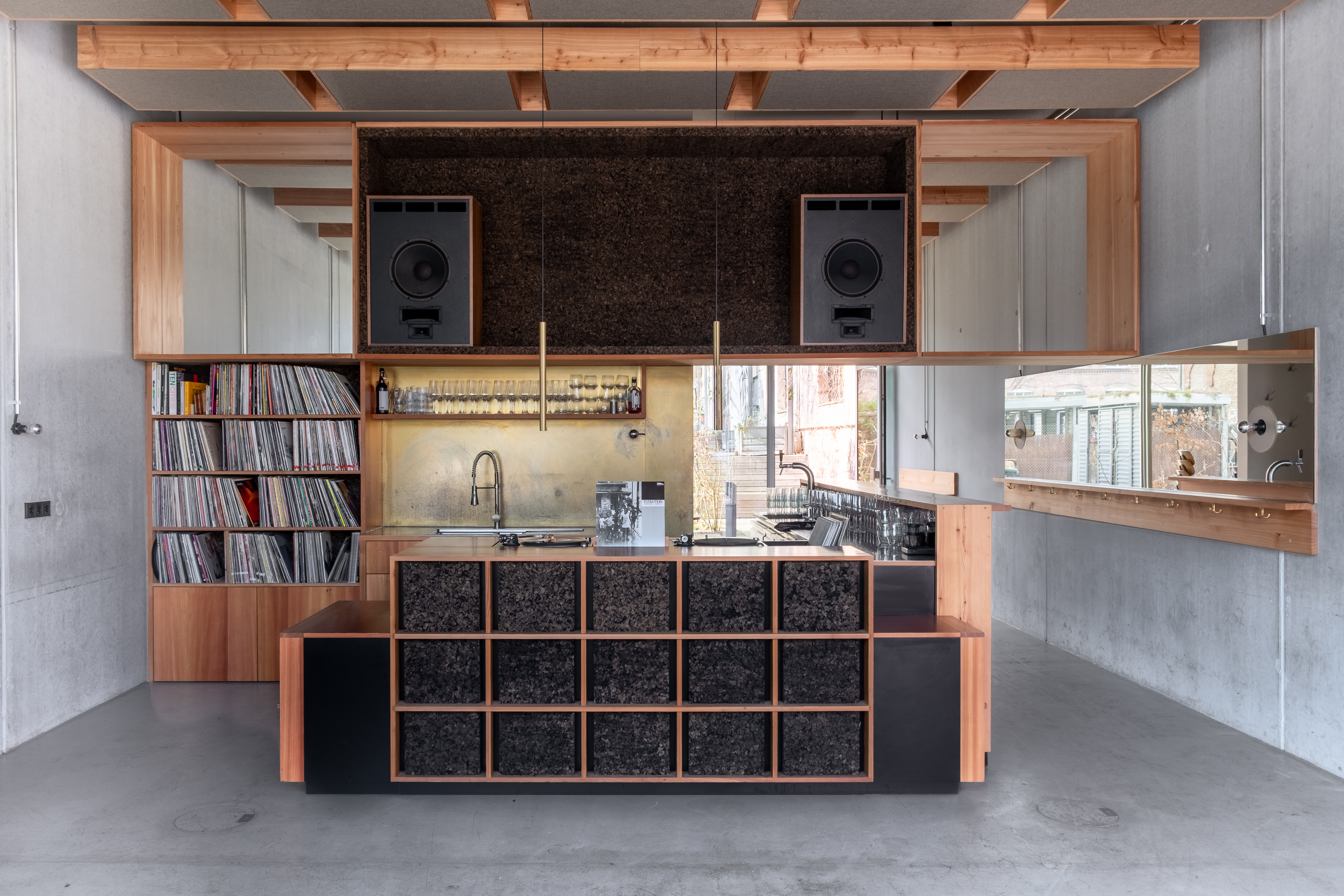 photo of the dj booth and vinyl storage in migas, listening bar
