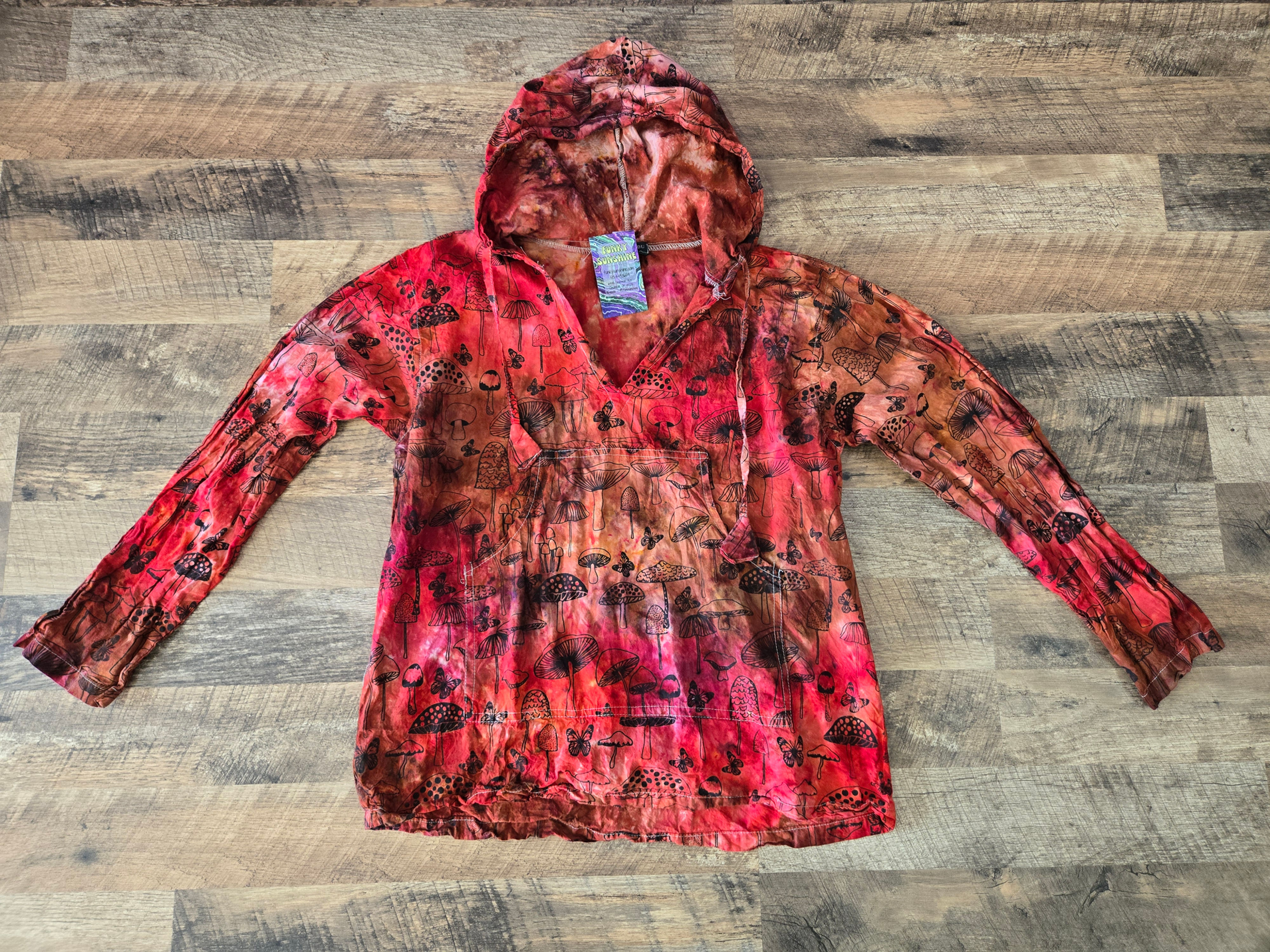 Large - Mushroom and Butterfly Woven Lightweight Longsleeve with Hood