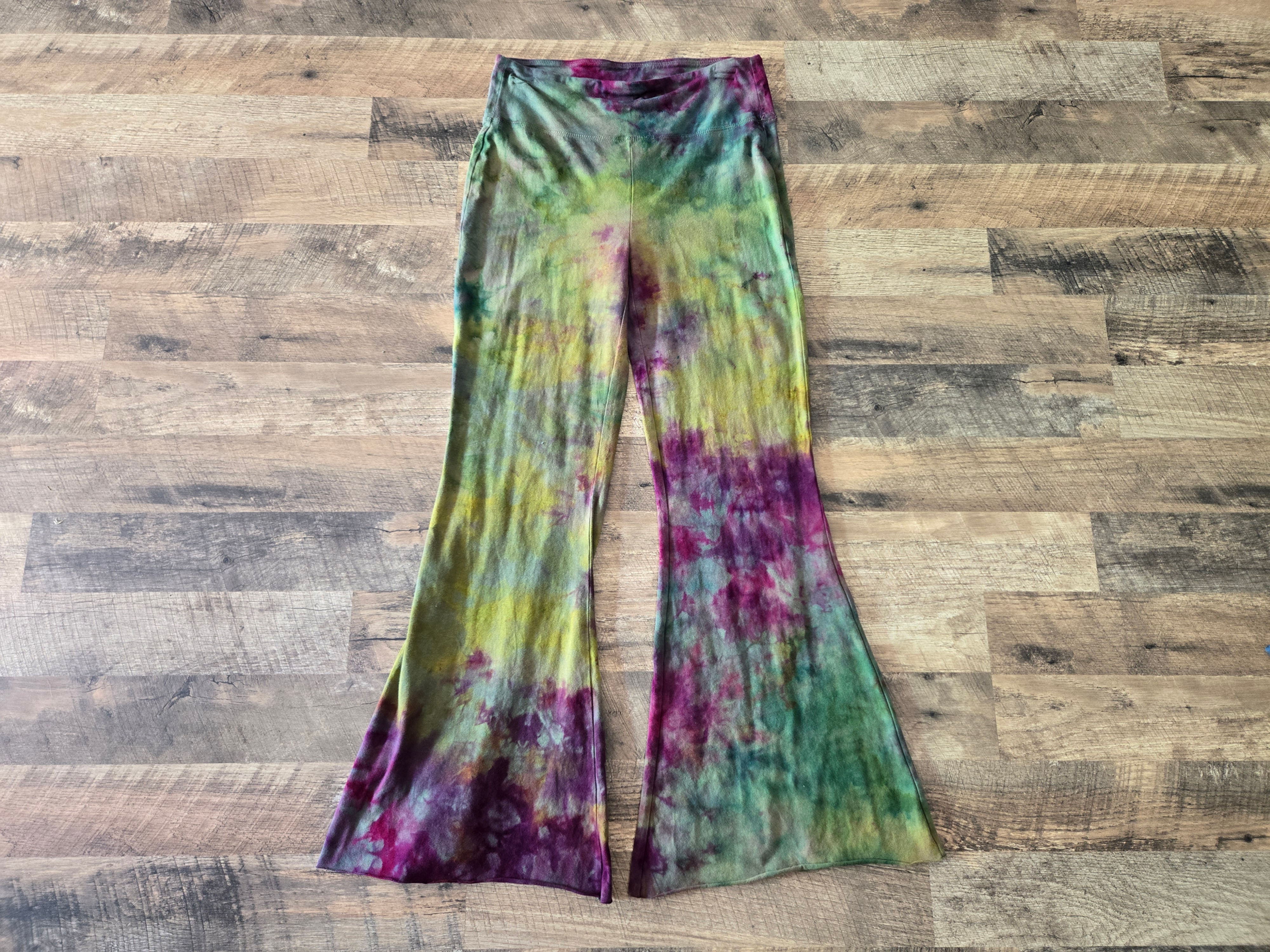 1XL - Funky Tie Dye Women's Wide Waistband Raw Hem Flares