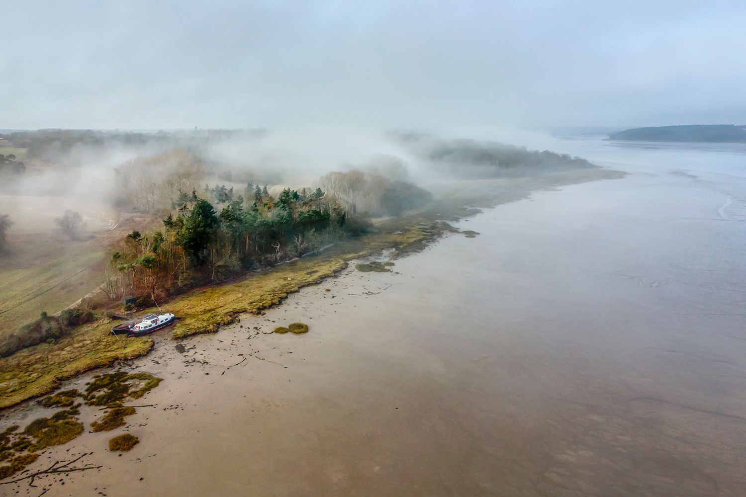 Anthony Cullen print: barge in the mist from above