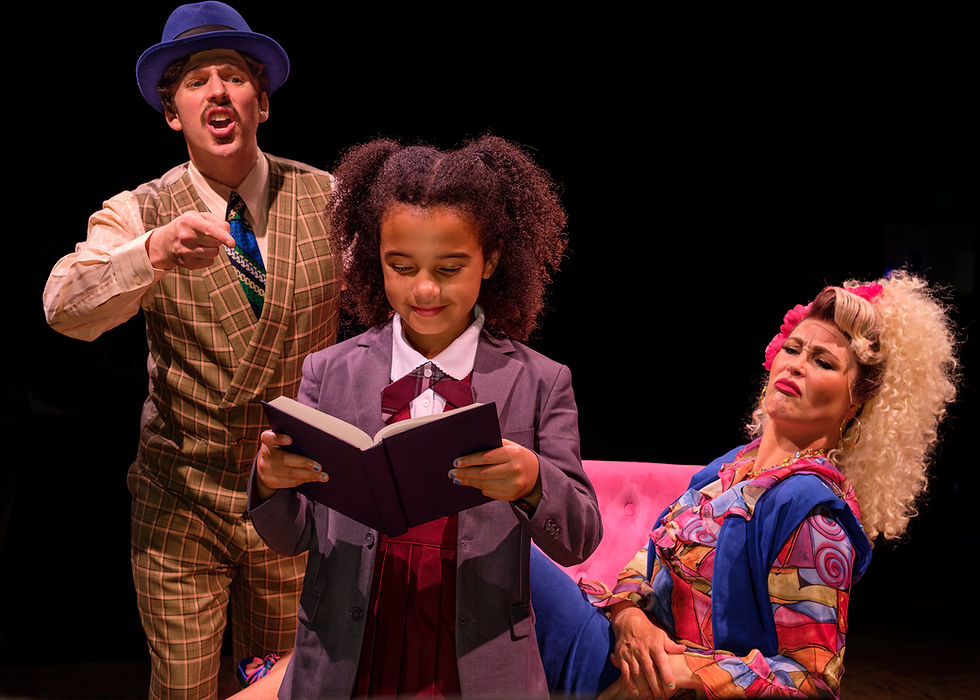 Pictured from left to right:  Dickie Baker as Mr. Wormwood, Brittany Cox as Mrs. Wormwood, and Bexley Bock as Matilda (front)