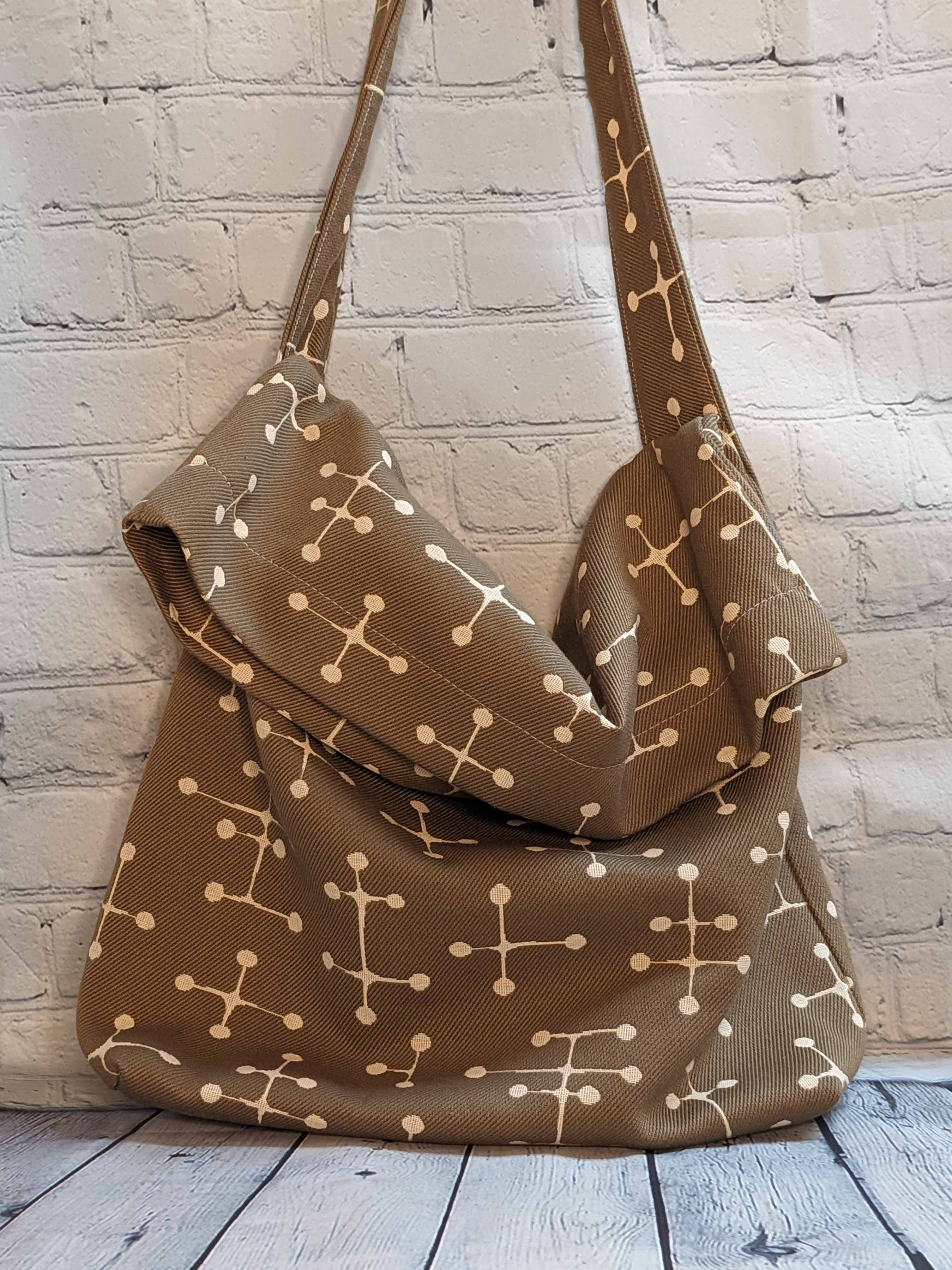 Large Messenger Bag - Open Flap - Tic-Tac print,  front view, 100% Cotton Upholstery, Color: Taupe/White, Special Features:  Large, Heavy duty, Fold over flap, 16"w x 21"L, JordynCherise