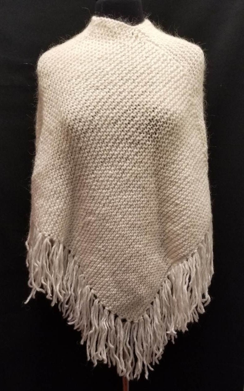 Knitted Poncho with Fringe Trim - Off-White/Ivory front