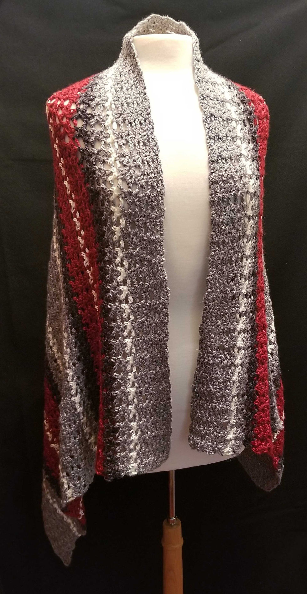 Color Block Shawl -Crochet Red, Gray, Black, Off White - front