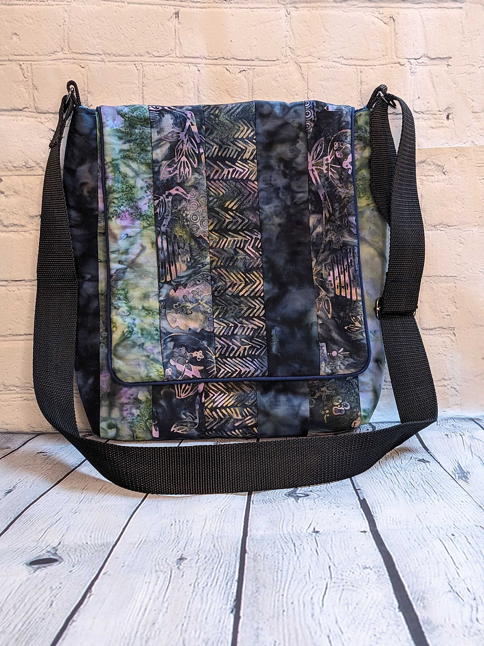Large Messenger Bag - Strip Pieced - Blue Lagoon print, 100% Cotton, Size: 13"w x 14" L, Color: Batik Blues/Greens, Special Features: Strip pieced, magnetic closure, 5 pockets, cotton webbing strap, color coordinated zippers, JordynCherise