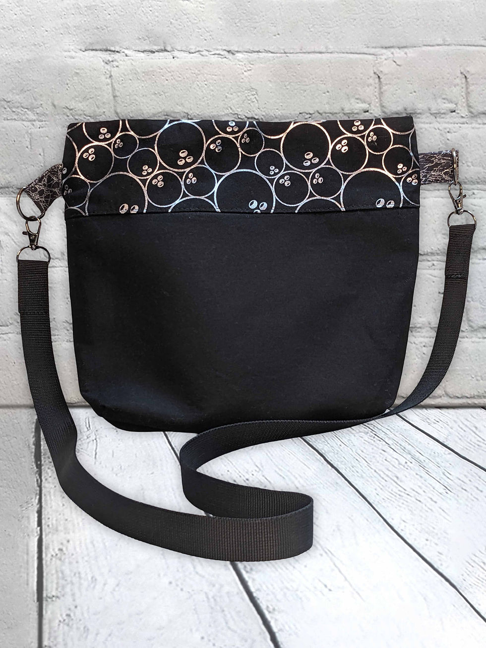 Crossbody Tote - Midnight pattern, 100% Cotton, Color: Black/Silver print, Special Features: Cotton webbing strap, keyring tab inside, magnetic closure, 2 pockets inside, 1 pocket outside, Size: 12” w x 10” L, JordynCherise