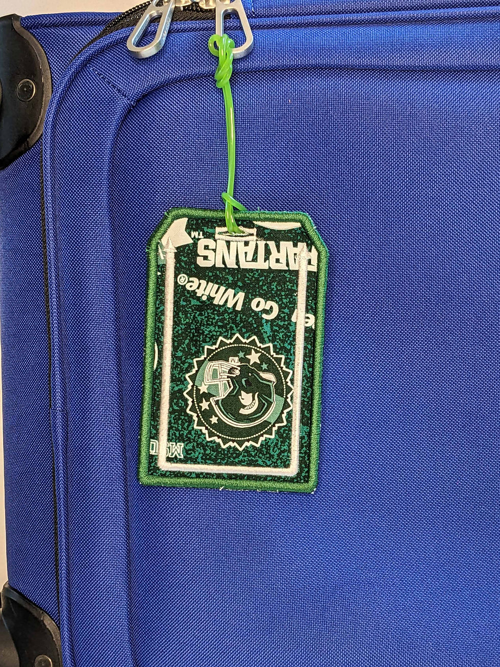 Thumbnail: Embroidered Luggage Tag, Spartans Football, Fabric: 100 % Cotton, Vinyl, Size: 3 x 4-1/2", JordynCherise