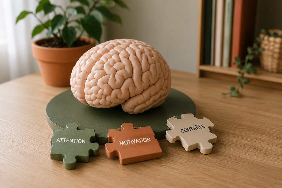 Illustration du cerveau d'un enfant présentant un TDAH et ses fonctions attentionnelles.
