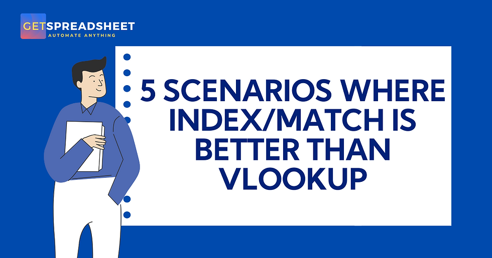 A comparison of VLOOKUP and INDEX/MATCH, highlighting five scenarios where INDEX/MATCH is the superior function.