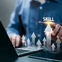 Up skill and personal development concept. employee pointing arrow to upskill or reskill,