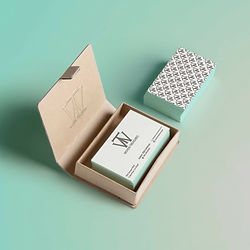Luxury brand identity business card design for Woven Treasures showcasing gold monogram logo, mint tones, and sophisticated packaging mockup.