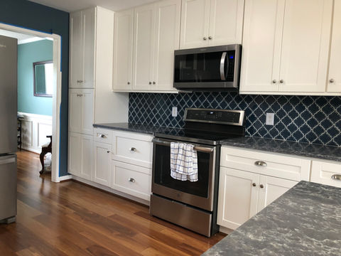 Kitchen Rehab with blue angled checker backsplash
