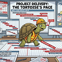 A cartoon picture of project delivery collateral (graphs, gantt, etc) showing progress but led by a slow tortoise