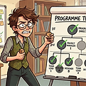 A cartoon picture of a frustrated manager trying to fit square pegs in round holes