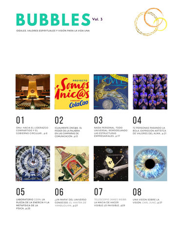 Bubbles, revista que promueve el camino del corazón y la vocación de servicio de personas, empresas y organizaciones. El título del volumen 3 de la revista Bubbles es Visión, Universo y Creación. Contenidos : ONU: hacia el liderazgo compartido y el gobierno circular.

2. Igualmente únic@s: el poder de la palabra en las campañas de comunicación (leer también online).

3. Nada personal, Todo Universal: remodelando las estructuras empresariales.

4. 72 personas pasando la bola: expresión artística de valores del alma.

5. Laboratorio CERN: la rueda de la energía y la metafísica de la física.

6. Un ¿mapa? del universo conocido: el Yantra de Yambuduipa.

7. Telescopio James Webb: la magia de hacer visible lo invisible.

8. Una visión sobre la visión: Carl Jung.