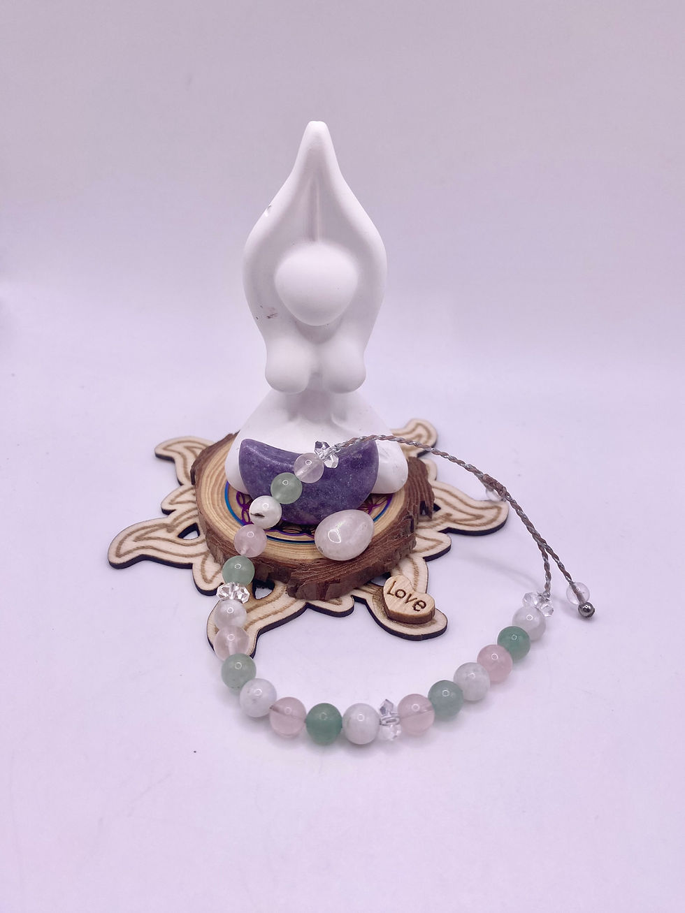 Bracelet amour & douceur en quartz rose, pierre de lune, aventurine verte et cristal de roche – bijou fait main