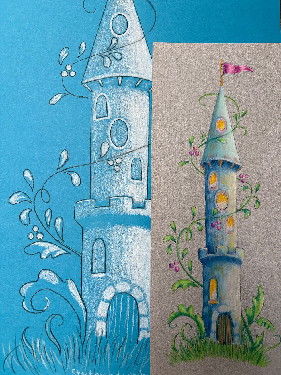Image of a colored pencil drawing of a castle turret with climbing vines, showcasing detailed stonework and lush greenery, with soft shadows and vibrant highlights.
![ree