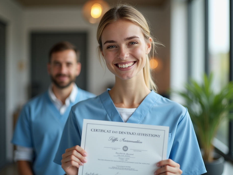 Copy of Smiling-woman-receiving-her-dental-assistant-certificate-in-a-modern-office-settin