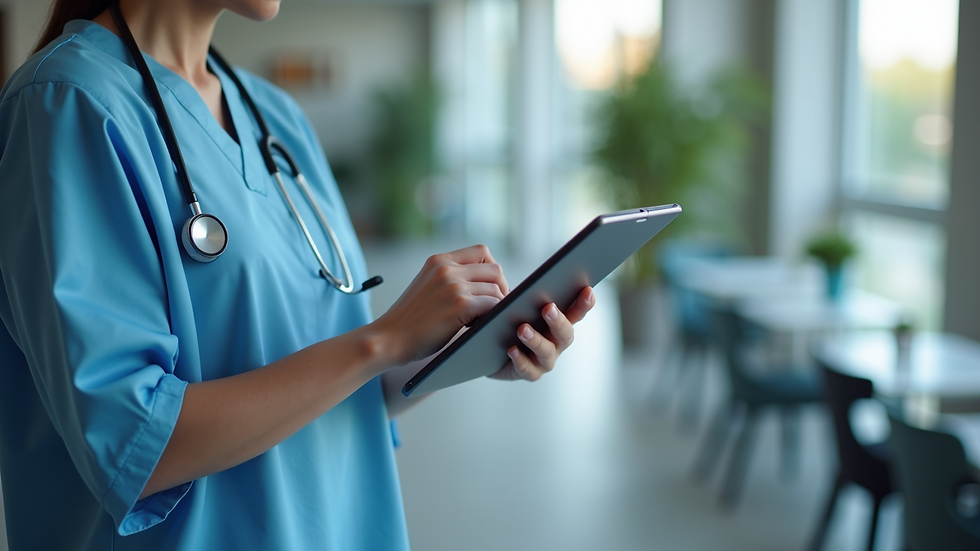 High angle view of a healthcare provider using a tablet to manage patient appointments